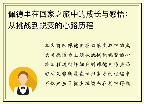 佩德里在回家之旅中的成长与感悟：从挑战到蜕变的心路历程