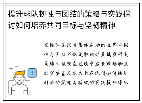 提升球队韧性与团结的策略与实践探讨如何培养共同目标与坚韧精神