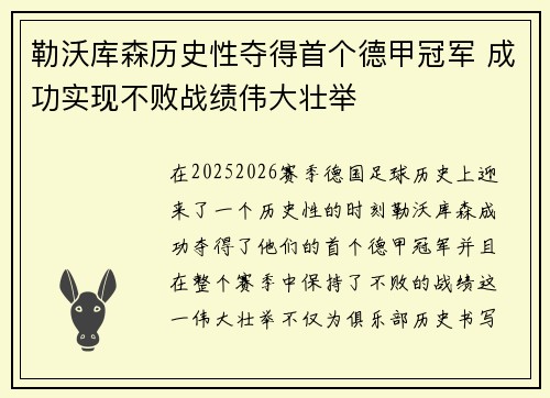 勒沃库森历史性夺得首个德甲冠军 成功实现不败战绩伟大壮举