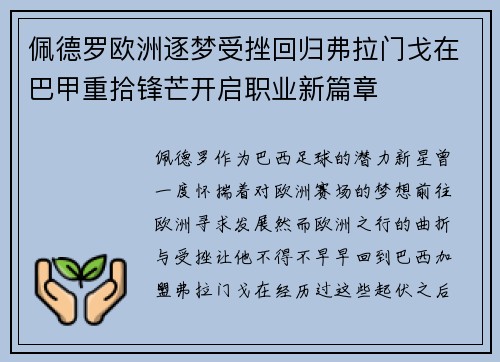 佩德罗欧洲逐梦受挫回归弗拉门戈在巴甲重拾锋芒开启职业新篇章