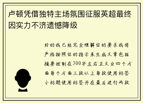 卢顿凭借独特主场氛围征服英超最终因实力不济遗憾降级 卢顿凭借独特主场氛围征服英超最终因实力不济遗憾降级